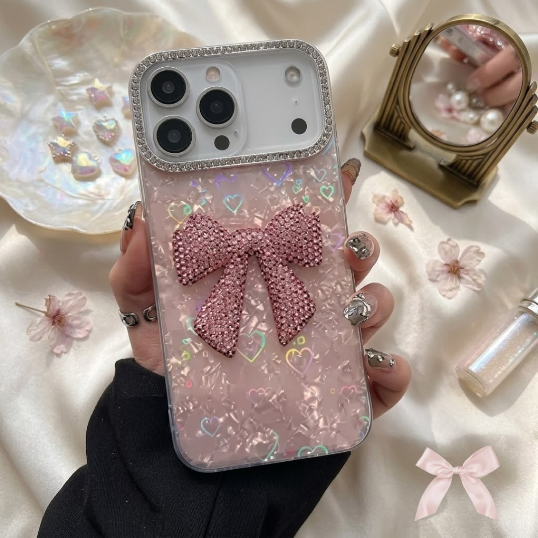 Shell-Pattern Case with 3D Rhinestone Bow